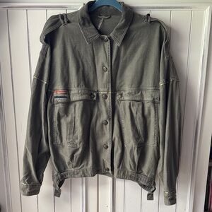 Free People Olive Green Military Field Jacket with Subtle Stripe